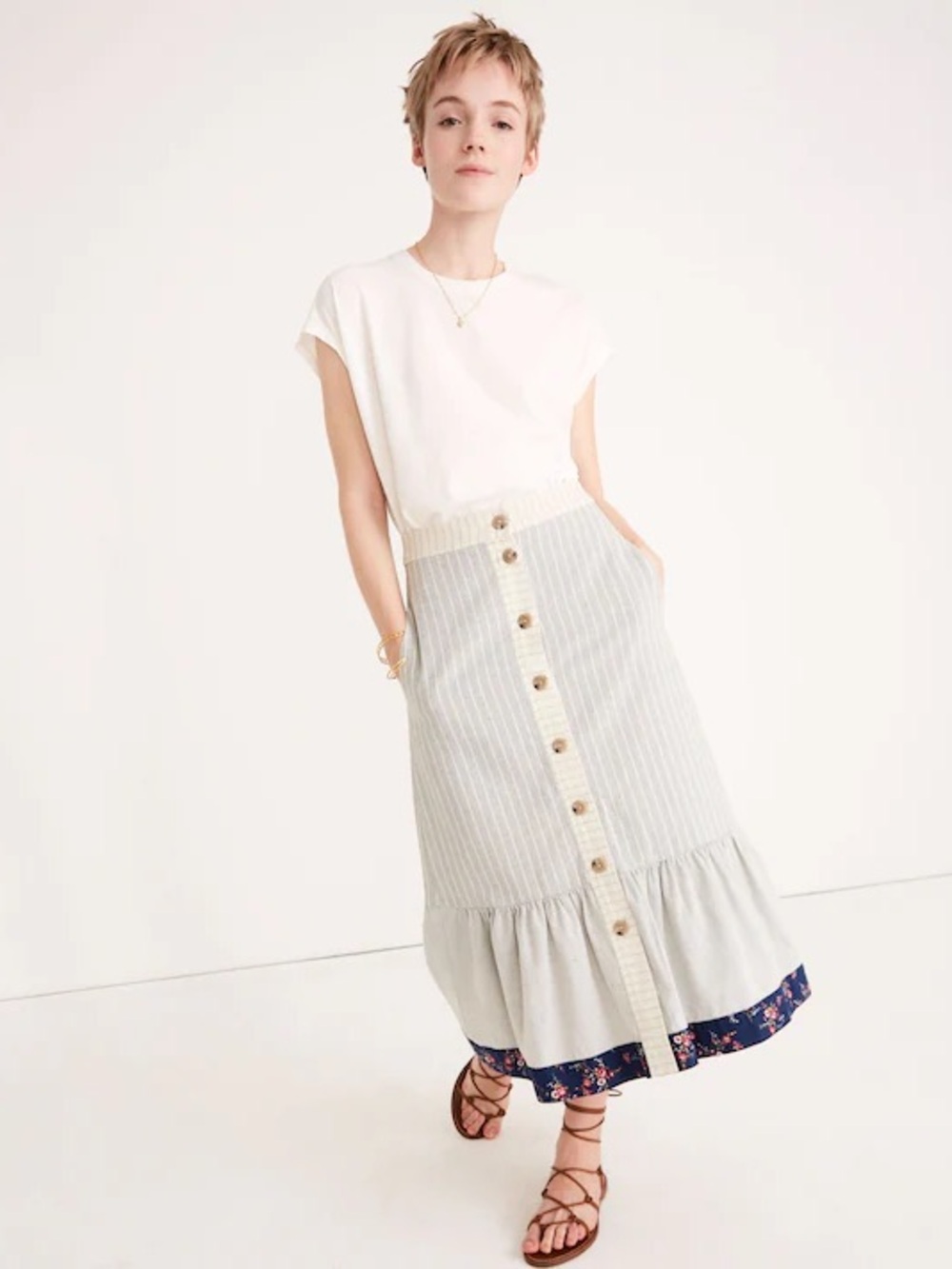 Madewell x The New Denim Project Patchwork Skirt White Skinny Stripe Midi Floral